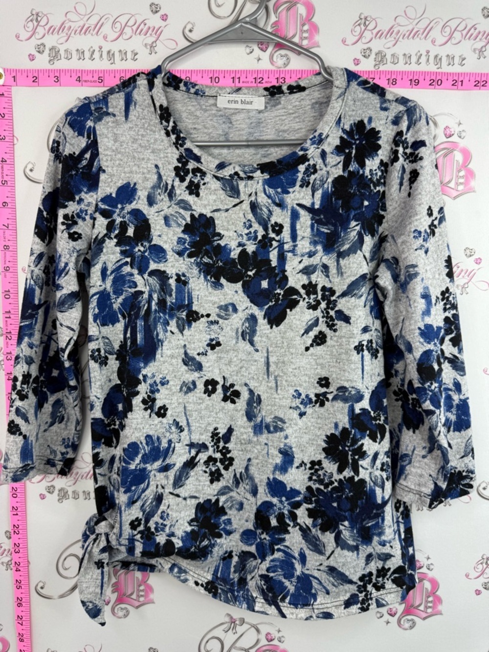 Erin Blair shirt tie up ribbon detail flowers  Blue Floral Crewneck Top
